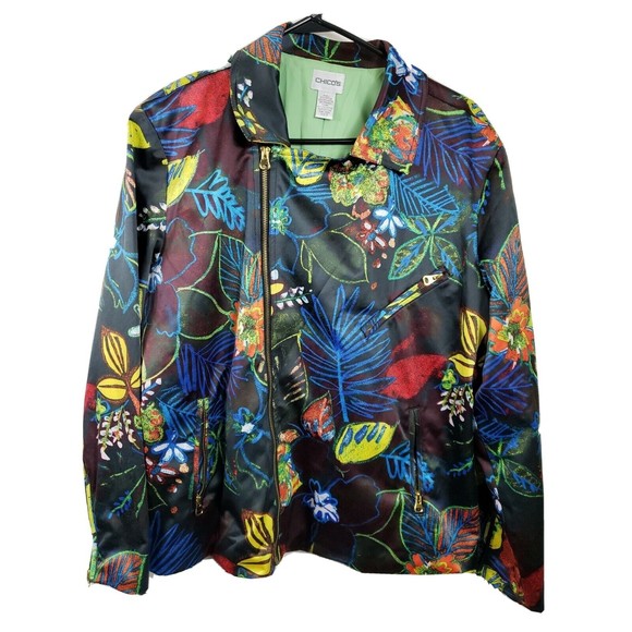 CHICO'S floral lined zip jacket multicolored sz 3 ( XL)  long sleeve - Picture 1 of 8